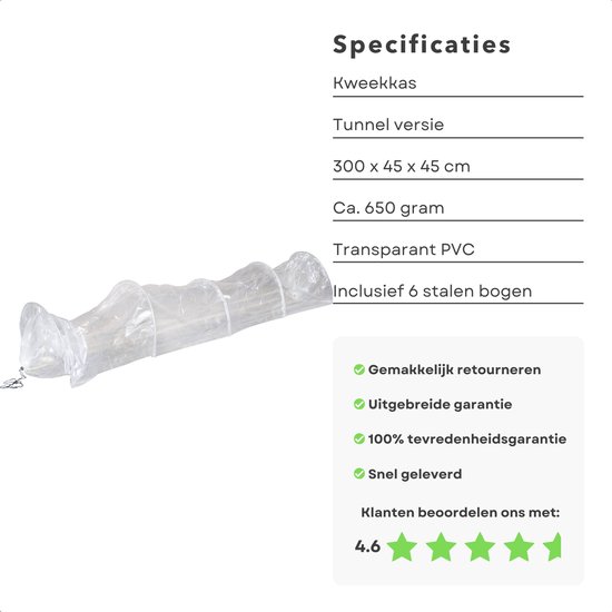 Tunnel de serre Cheqo® - Tunnel de culture - Tunnel de jardin - 300 x 45 x 45 cm - Sans fond - Avec 6 arches en acier