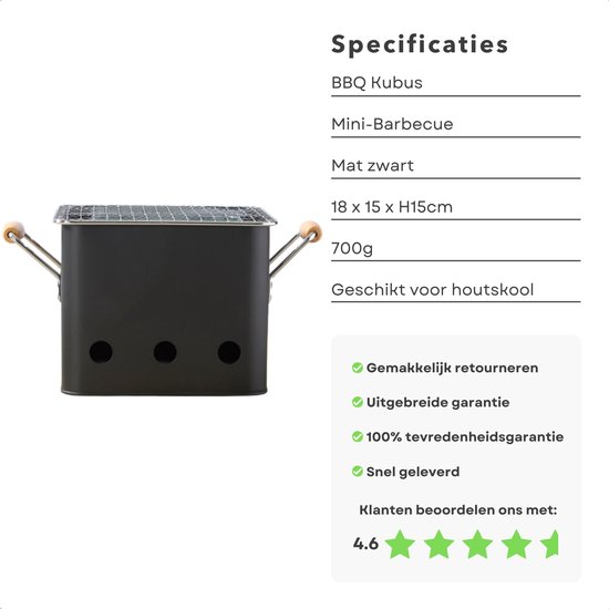 Cheqo® BBQ Kubus - Mini-Barbecue - Mat Zwart - Compacte Eenpersoons Barbecue - 18x15xH15 cm - Geschikt voor Houtskool - Draagbare Grill voor Outdoor Gebruik - Kleine BBQ voor Picknicks - Kamperen - Tuinfeestjes van Cheqo — afbeelding 4