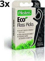 Piksters Eco Charcoal Floss Picks - 3 x 30 stuks - Voordeelverpakking