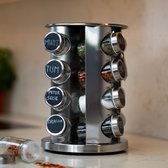 Étagère à épices - Étagère à épices sur pied - 16 pots à épices - Rotatif à 360° - Moderne - Inox - Avec autocollants & Entonnoir - Baulk®