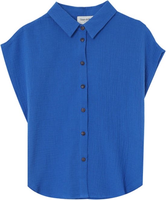 Blouse met korte mouwen in laagjeslook, gebloemd in lichtgrijs/jeansblauw bedrukt | Your Look