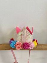 Verjaardag kroon-haarband kroon-wit-eerste verjaardag kroon-1 jaar-roosjes-themafeest-prinsessen kroon-cakesmash accessoires