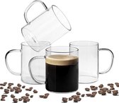 Glazen koffiemokken van 400 ml, set van 4, helderglazen koffiekop met groot handvat
