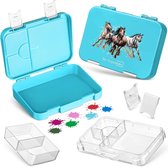 lunchbox voor kinderen; met 4 + 2 compartimenten; extreem sterke broodtrommel; ideaal voor de kinderopvang en op school (lichtblauw, paarden)