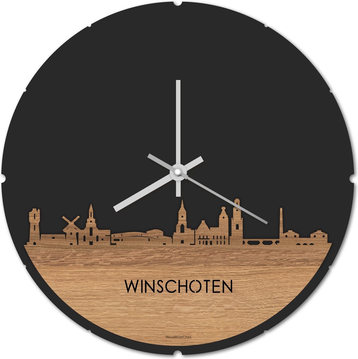 Skyline Klok Rond Winschoten Eikenhout - Ø 44 cm - Stil uurwerk - Wanddecoratie - Meer steden beschikbaar - Woonkamer idee - Woondecoratie - City Art - Steden kunst - Cadeau voor hem - Cadeau voor haar - Jubileum - Trouwerij - Housewarming -