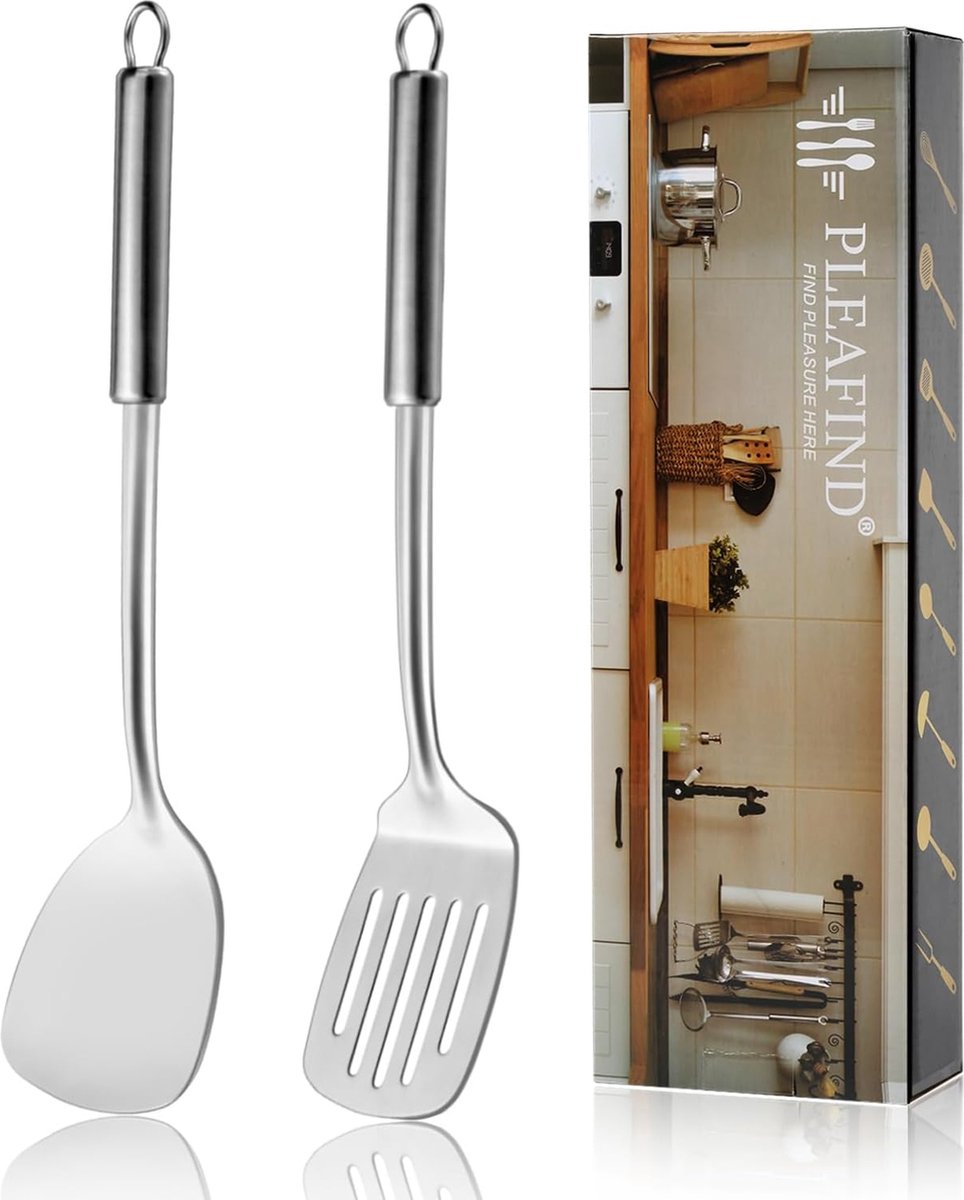 2P-Pleafind 2-delige solide & sleufspatelset 304 roestvrij stalen spatel metalen spatel wokaccessoires kookgerei wokspatel voor huis keuken en restaurant vaatwasmachinebestendig