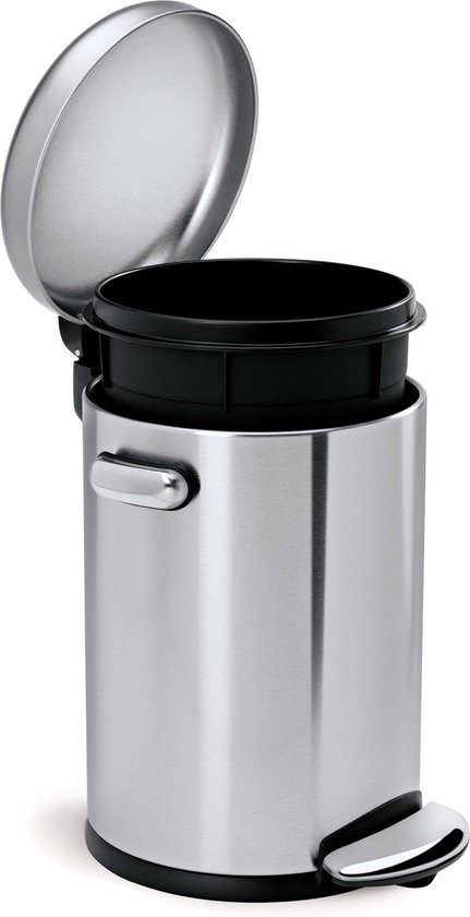 RVS pedaalemmer met deksel open, met zwarte binnenemmer en zilveren handvat aan de zijkant.