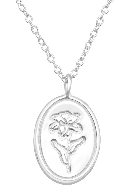 Joy|S - Zilveren ovale hanger met bloem - inclusief ketting 45 cm - sterling zilver 925