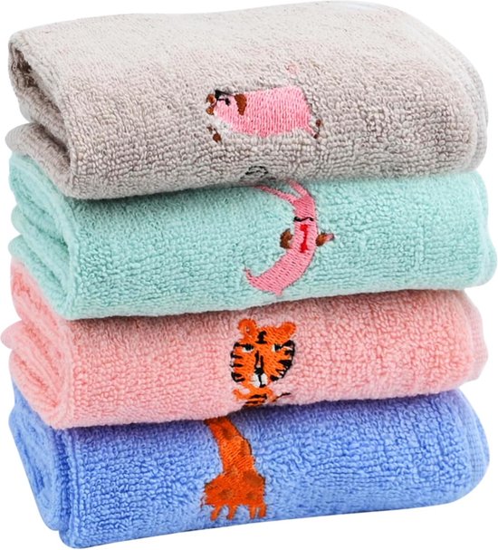 4 stuks washandjes kinderhanddoeken zachte 4 kleuren kinderbadhanddoeken 100% katoen gezichtsdoeken baby badhanddoek voor kinderen (25 x 50 cm, kleurrijke jungle dieren)