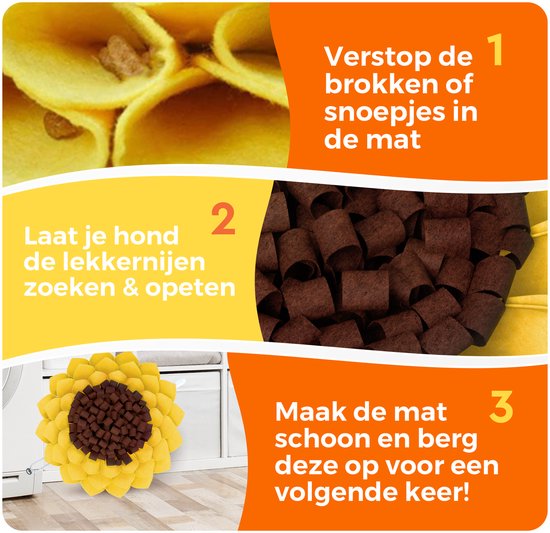 Stappenplan om de zonnebloem snuffelmat te gebruiken: 1. Verstoppen, 2. Zoeken, 3. Schoonmaken. Met een zonnebloem snuffelmat in een wasmachine.