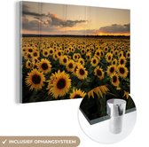 MuchoWow® Glasschilderij 60x40 cm - Schilderij acrylglas - Zonnebloemen bij zonsondergang - Foto op glas - Schilderijen