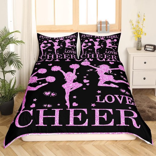 Foto: Meisjes beddengoed 135 x 200 cm jubelsport dekbedovertrek voor cheerleaders geschenken tieners meisjes gymnastiek trainer roze paars glitter pailletten bedset met hart en