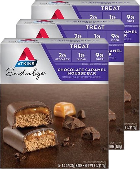 Doosjes Atkins Endulge Chocolade Karamel Mousse Bar met twee repen zichtbaar, met cacao en karamel
