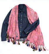 YELIZ YAKAR - Luxe dames Pashmina sjaal roze " Anthea II"- met bloemenprint en extra franjes -roze bedrukt met pastel tinten - handmade - designer kleding- trendy sjaal -kerst sjaal- luxecadeau - kerstcadeau voor vrouwen