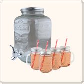OTIX Drankdispenser - met Drinkbekers - Limonadetap - Glas - 4l - Mason jar - Set van 4