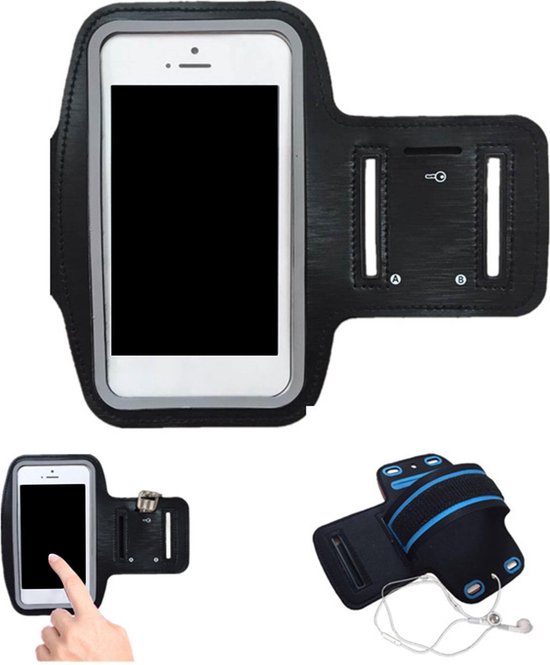 Zwarte sportarmband met blauwe accenten, met een telefoon, een telefoon met vingeraanwijzing, en een opengewerkte armband met oordopjes.