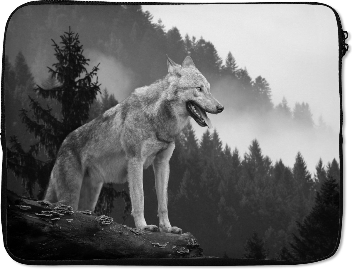 Laptophoes - Laptop - Dieren - Wolf - Bos - Zwart wit - Laptop sleeve - 15 6 Inch