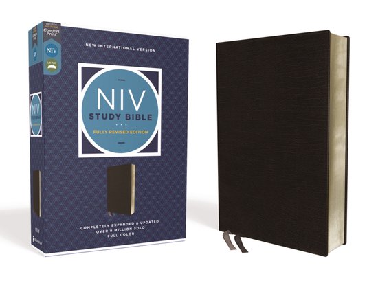 Bible d'étude NIV, édition entièrement révisée en cuir relié, noir, lettres rouges, impression confort. La couverture est marron foncé et comporte deux signets en ruban.