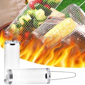 Rollende grillmand, rollende grillmand voor buitengrillen, rond roestvrijstalen grillrek, draagbaar buitencampinggrillrek voor groenten, frietjes, vis