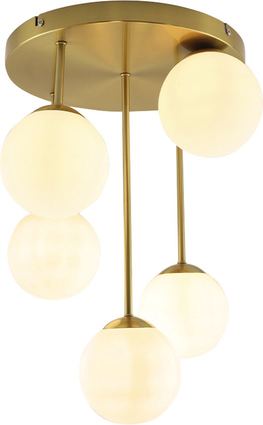 Olucia Stacy - Design Plafondlamp - 5L - Aluminium/Glas - Messing;Wit - Rond - 30 cm