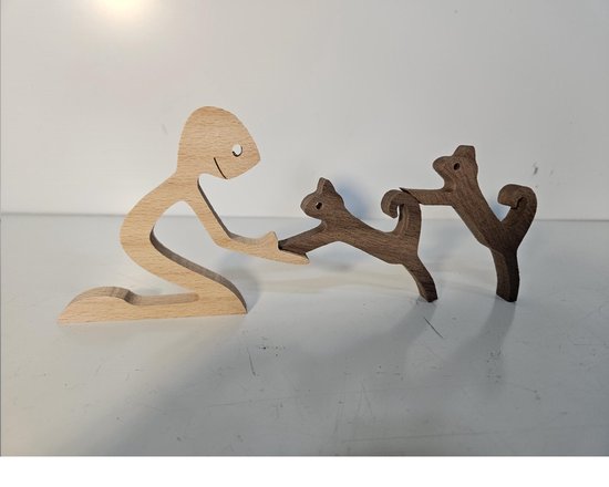 Houten beeldje - Natuurlijk hout - Beeld - Decoratief - Hout - Man - Twee - Katten - B017