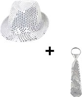 Feest hoedje - Fedora hoed - Zilveren stropdas - Glitter tie - Disco outfit - Hoofdomtrek 58 cm - Glitter pailletten - Zilver