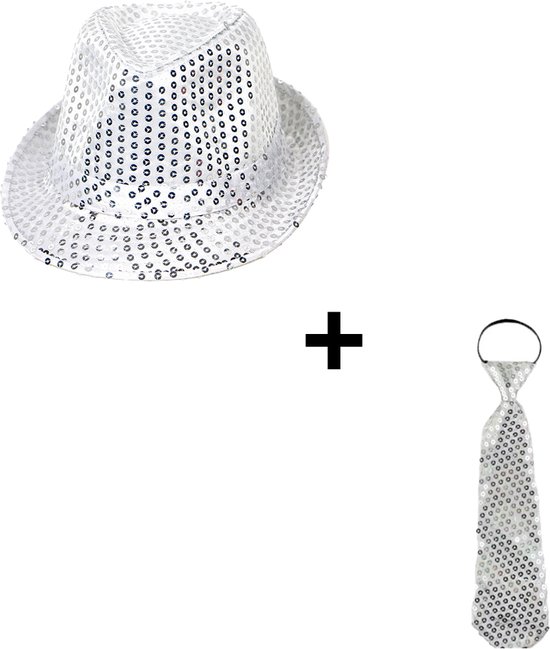 Chapeau de Fête - Chapeau Fedora - Cravate argentée - Cravate Glitter - outfit disco - Tour de tête 58 cm - Paillettes Glitter - Argent