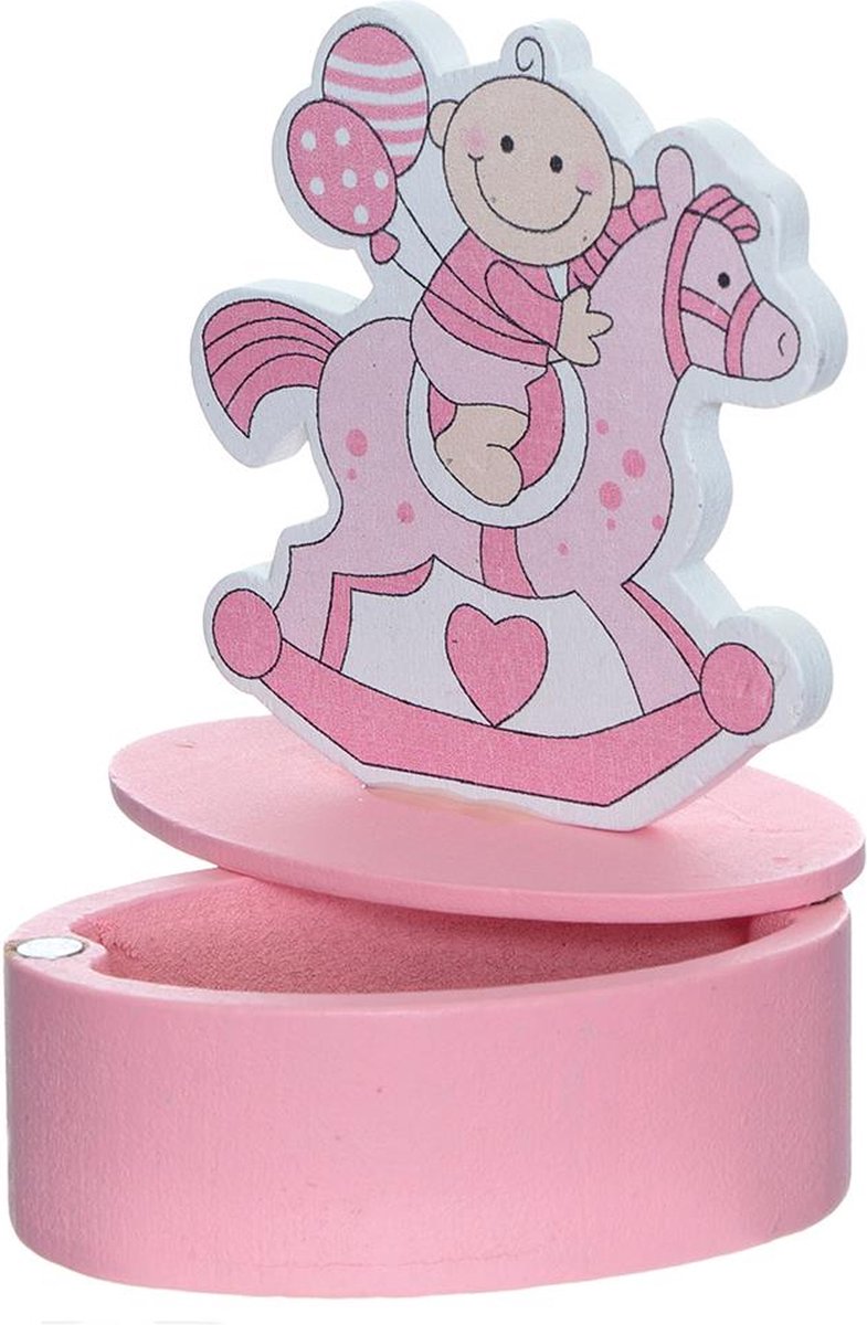 12 roze gevulde doosjes baby op hobbelpaard met vruchtenhartjes uitdeelbedankje voor geboorte of babyshower
