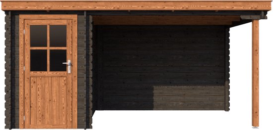 BlokhuttenOutlet.nl Blokhut met overkapping lessenaar dak 150 x 250 + 300cm in black wash met brown wash
