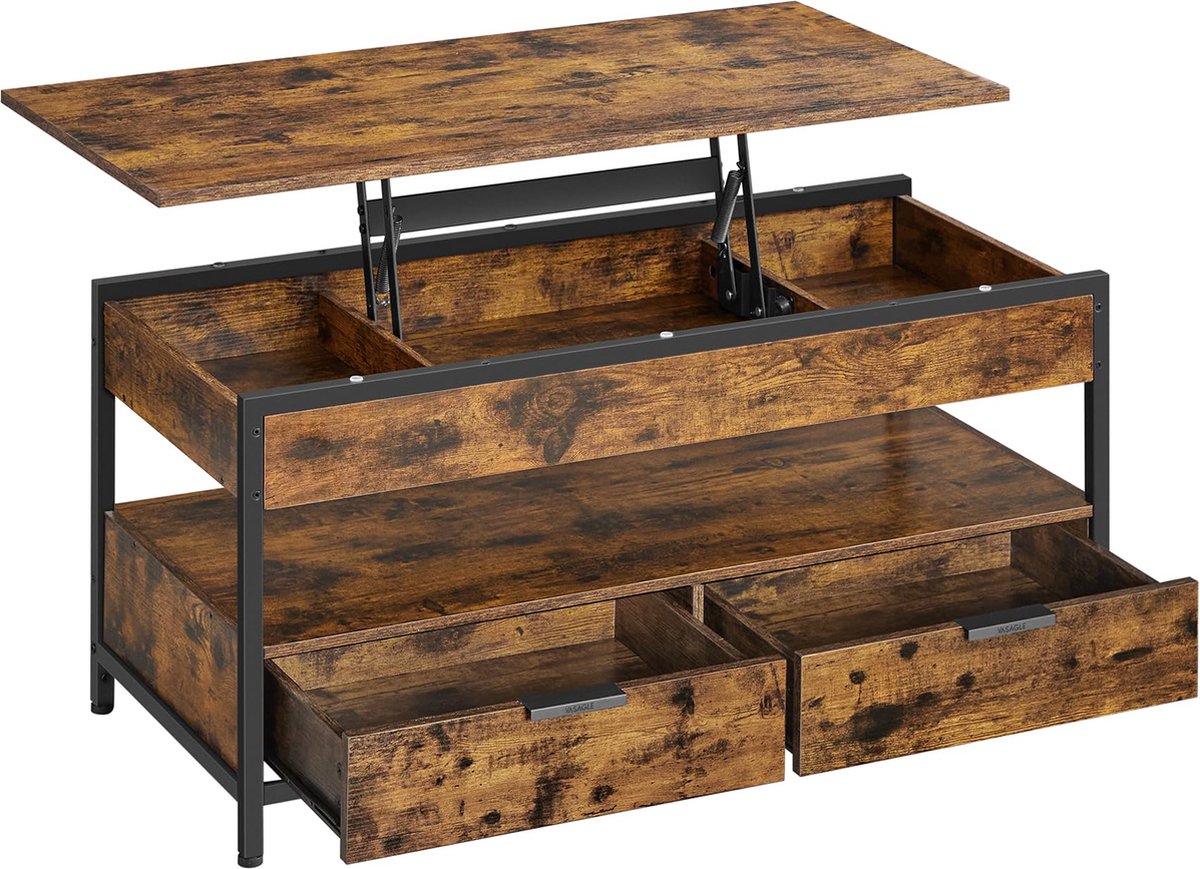 VASAGLE Salontafel, woonkamertafel met opklapbaar blad, opbergladen, met open opbergruimte en verborgen vak, rustiek bruin en inktzwart