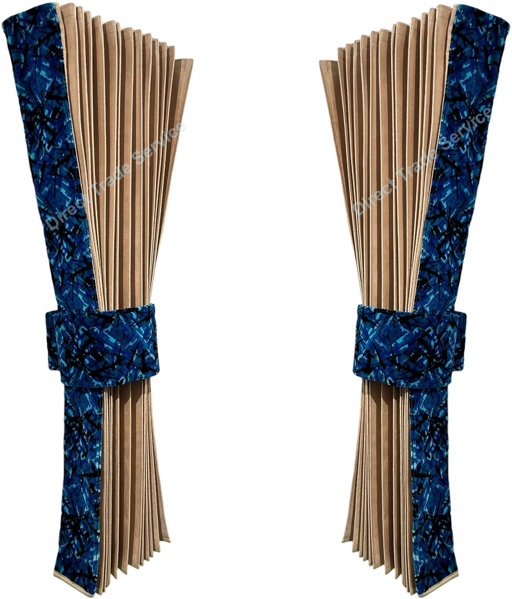 Vrachtwagen Zijgordijnen set Beige met Blauwe Deense pluche dubbel gevoerd