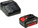 Einhell Power X-Change accu en oplader, zwart met rode accenten.