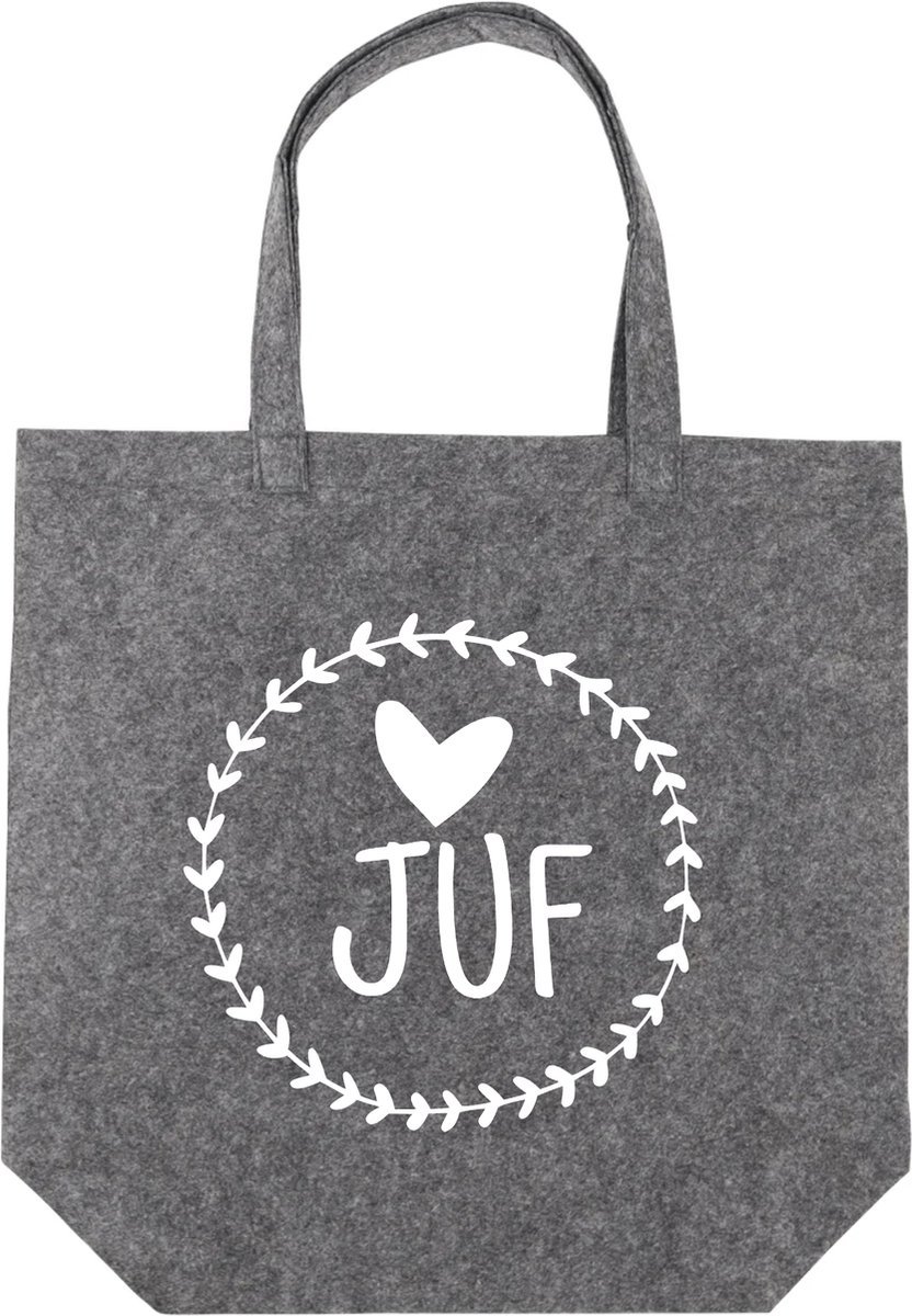 Tas Voor De Juf - Cadeautje Voor De Juf - Antracietkleurige Vilten Tote Bag - Juf Bedankt Cadeau - Cadeau Juffendag - Vilten Shopper - Antraciet Vilten Tas Met Hengsels