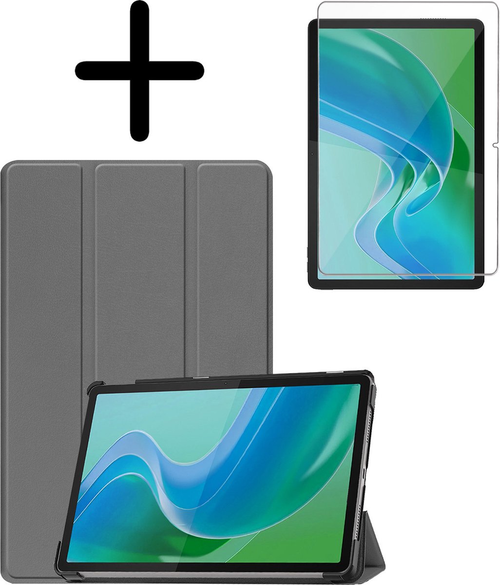 Hoesje Geschikt voor Lenovo Tab M11 (11 inch) - Met Screenprotector - Trifold Bookcase - Hard Cover - Hardcover Book Case - Tablet Hoes - Grijs