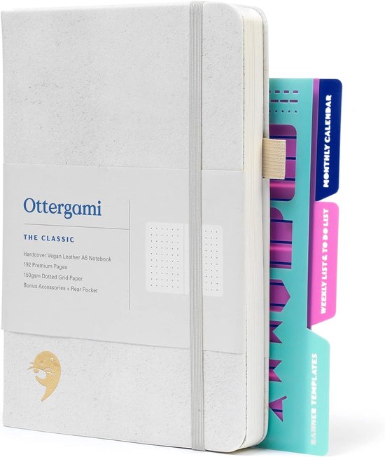 Ottergami Notitieboek A5 - Notebook Journal met Puntjes - Hoogwaardig Dik Papier 150g/m2 - 144 pagina’s - Bullet Journal Crème kleur Gestippeld Dagboek - Vegan Lederen Kaft met Elastiek - Hardcover