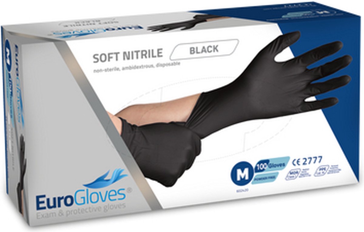 Goedkoopste Eurogloves soft-nitrile handschoenen poedervrij zwart - Medium- 8 x 100 stuks voordeelverpakking