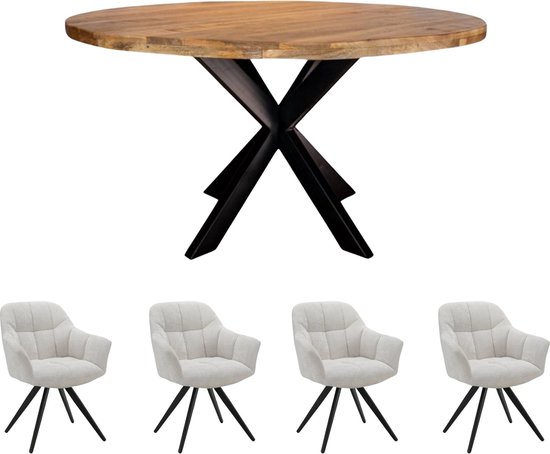 Zita Home Combi Advantage - Table à manger 130cm + lot de 4 chaises - Bois de manguier - Table à manger ronde - lot de 4 chaises pivotantes blanches