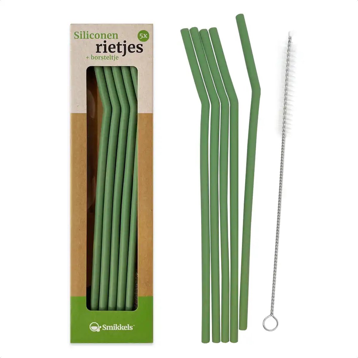 Smikkels - Siliconen rietjes - Herbruikbaar - Set van 5 stuks - BPA vrij - Groen - Inclusief schoonmaak borsteltje - Duurzaam