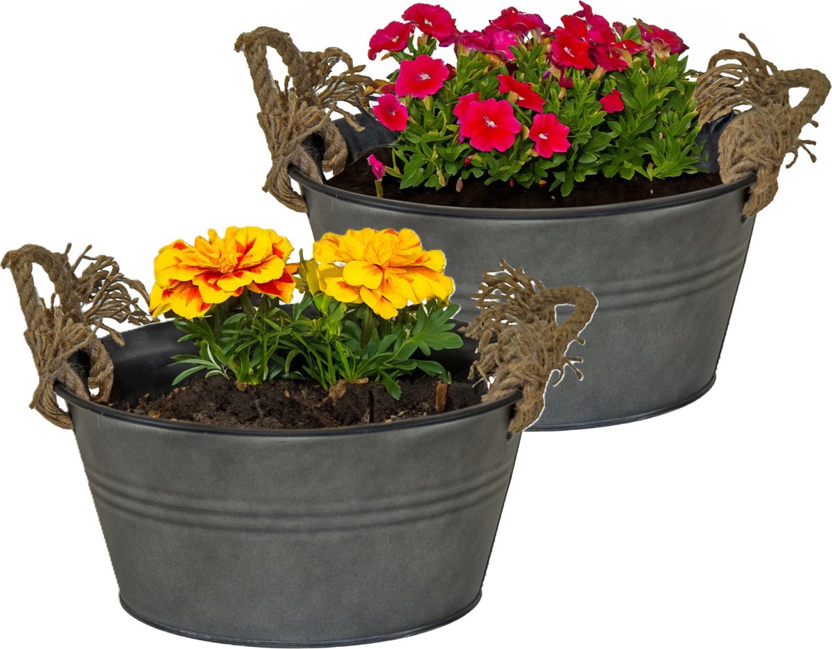 Goedkoopste Mega Collections Teil/plantenpot/bloempot Old Rope - 2x - zink - antraciet - D40 X H14 cm