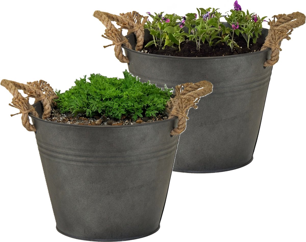 Goedkoopste Mega Collections plantenpot/bloempot Old Rope - 2x - zink - antraciet - D35 X H25 cm