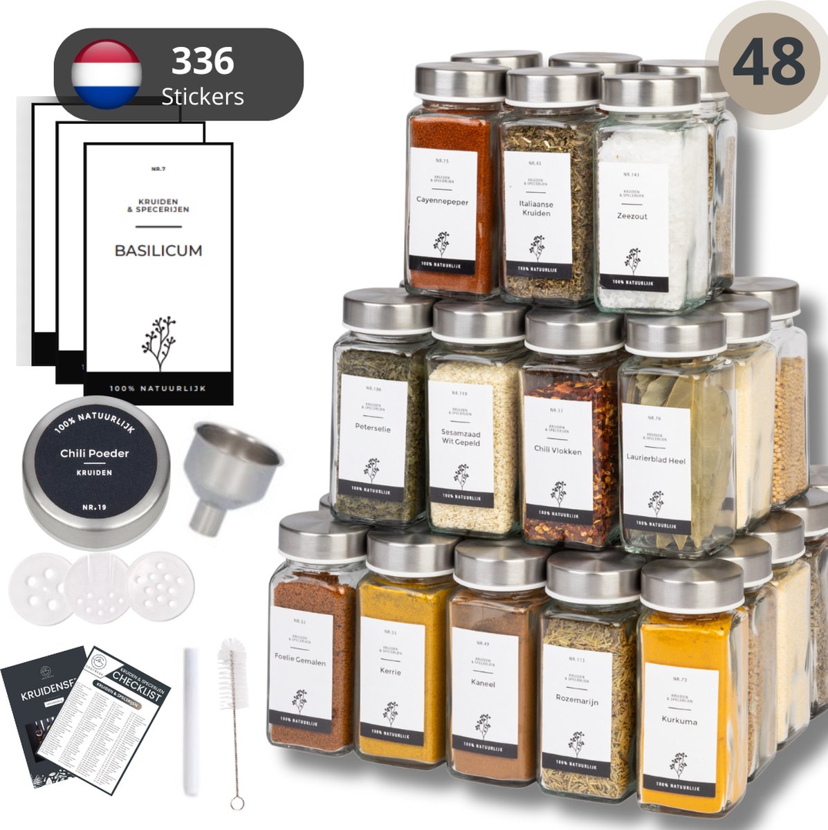 Organess 48 Kruidenpotjes - RVS – 3 Soorten Strooideksels – Kruidenstrooier – Compleet Pakket incl Kruidenpotjes Stickers, Krijtstift en Accessoires – 120ml