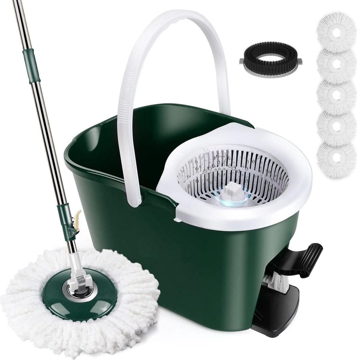 Dweilmopset met emmer posemmer met dweilmop 128 cm roestvrij staal telescoopsteel en voetpedaal vloerwisser met uitwringfunctie voor vloerreiniging met 5 dweilkop en 1 borstelkop