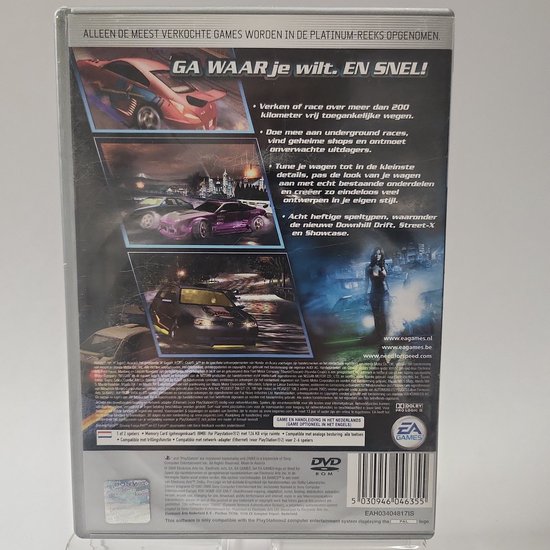 Arrière de la jaquette du jeu PlayStation 2 Need for Speed: Underground 2 avec des captures d'écran de courses urbaines et routières, des voitures et du texte.