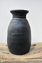 Zwarte houten pot / kruik Hoog 28 cm - Authentieke oude Nepalese zwarte houten pot / kruik - sober robuust stoer landelijk (26)