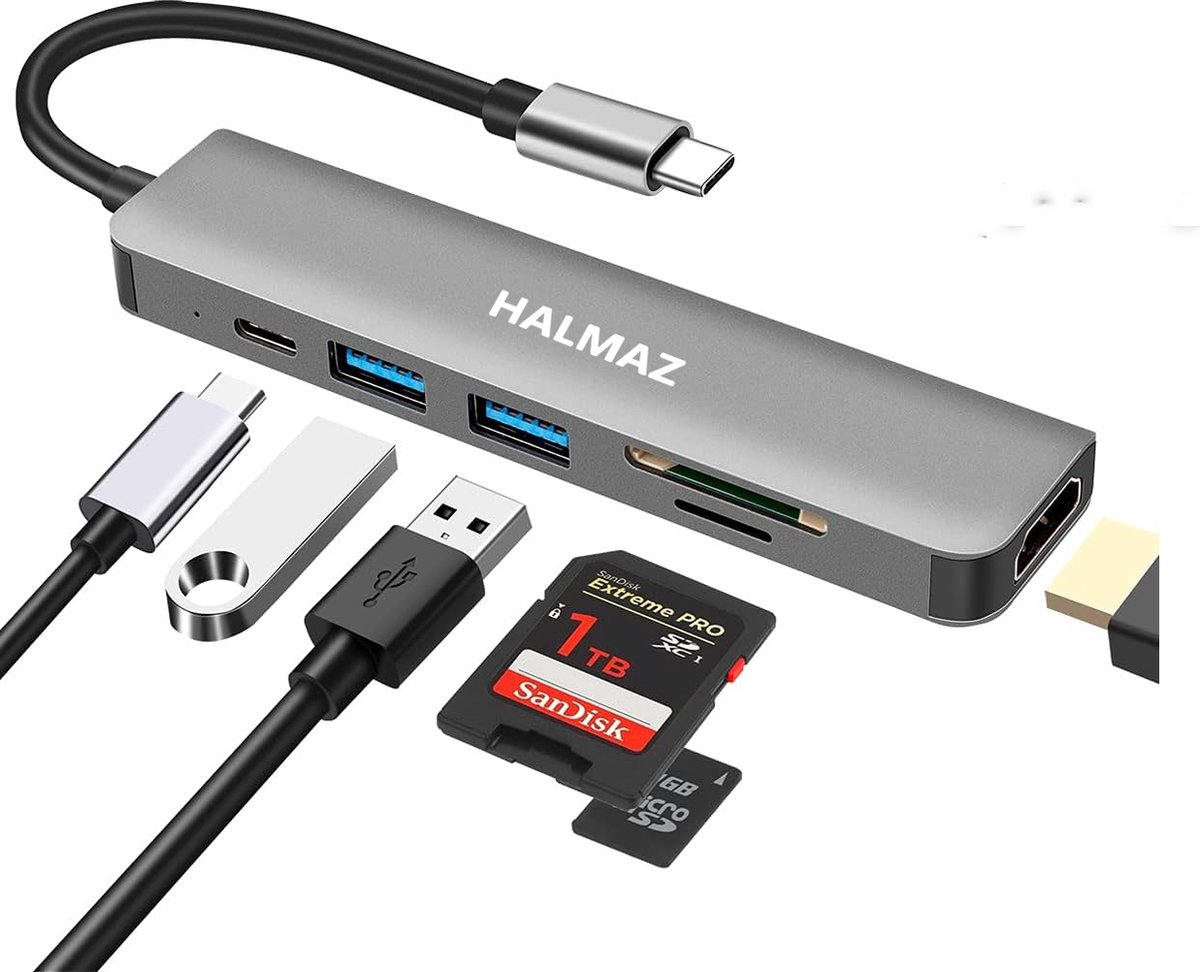 Halmaz USB C Hub 3.0 Grijs - 6 Poorten - USB Splitter - USB C naar HDMI - Micro SD Card Reader USB C