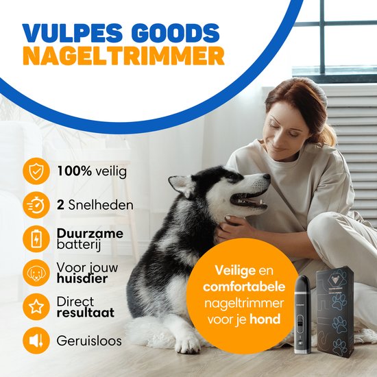 Vrouw met husky op schoot, zegt 'Veilige en comfortabele nageltrimmer voor je hond'. Kenmerken: 100% veilig, 2 snelheden, duurzame batterij.