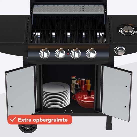 KitchenBrothers Gas BBQ - Gasbarbecue met zijbrander - 5 Branders - Met Gasaansluiting - 42x57cm Grilloppervlak - Extra Opbergruimte - Zwart - KitchenBrothers