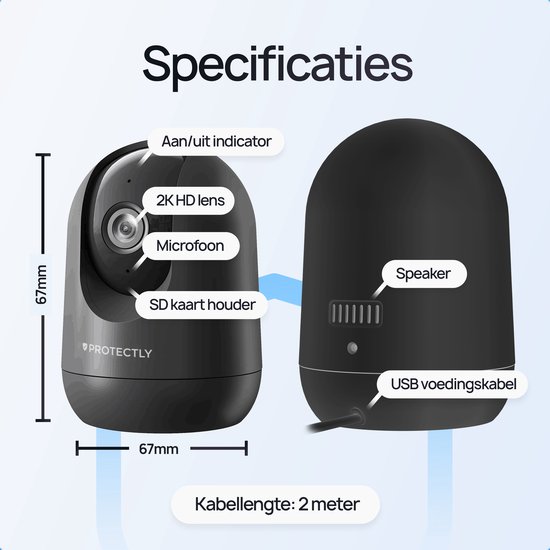 Caméra de sécurité intérieure Protectly® - Caméra pour animaux de compagnie avec application - Petcam - Caméra pour chien - Avec application WiFi - 2K 3MP Ultra HD - Détection de mouvement et de son - Caméra intérieure - Zwart