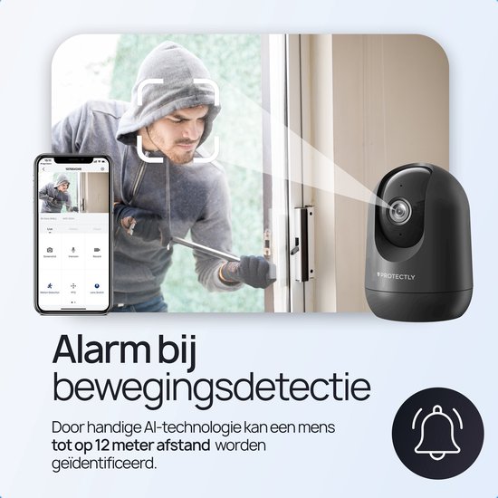 Caméra de sécurité intérieure Protectly® - Caméra pour animaux de compagnie avec application - Petcam - Caméra pour chien - Avec application WiFi - 2K 3MP Ultra HD - Détection de mouvement et de son - Caméra intérieure - Zwart