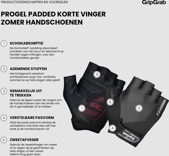 GripGrab - ProGel Padded Korte Vinger Zomer Fietshandschoenen - Zwart - Unisex - Maat XL — afbeelding 3